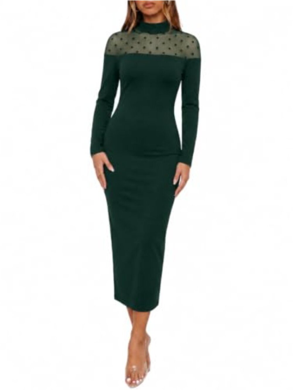 Polka Dot Mesh Mock Neck Long Sleeve Midi Bodycon Dress